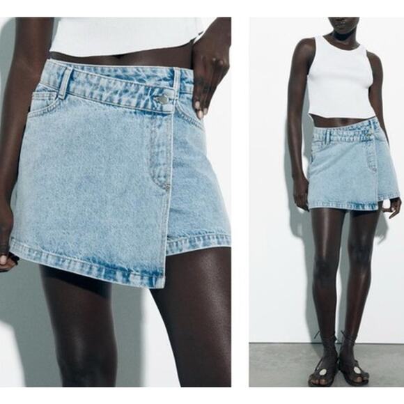 Zara Denim Faux Wrap Front Skort High Rise Jean Skirt Shorts Light Wash Cotton - Picture 8 of 8